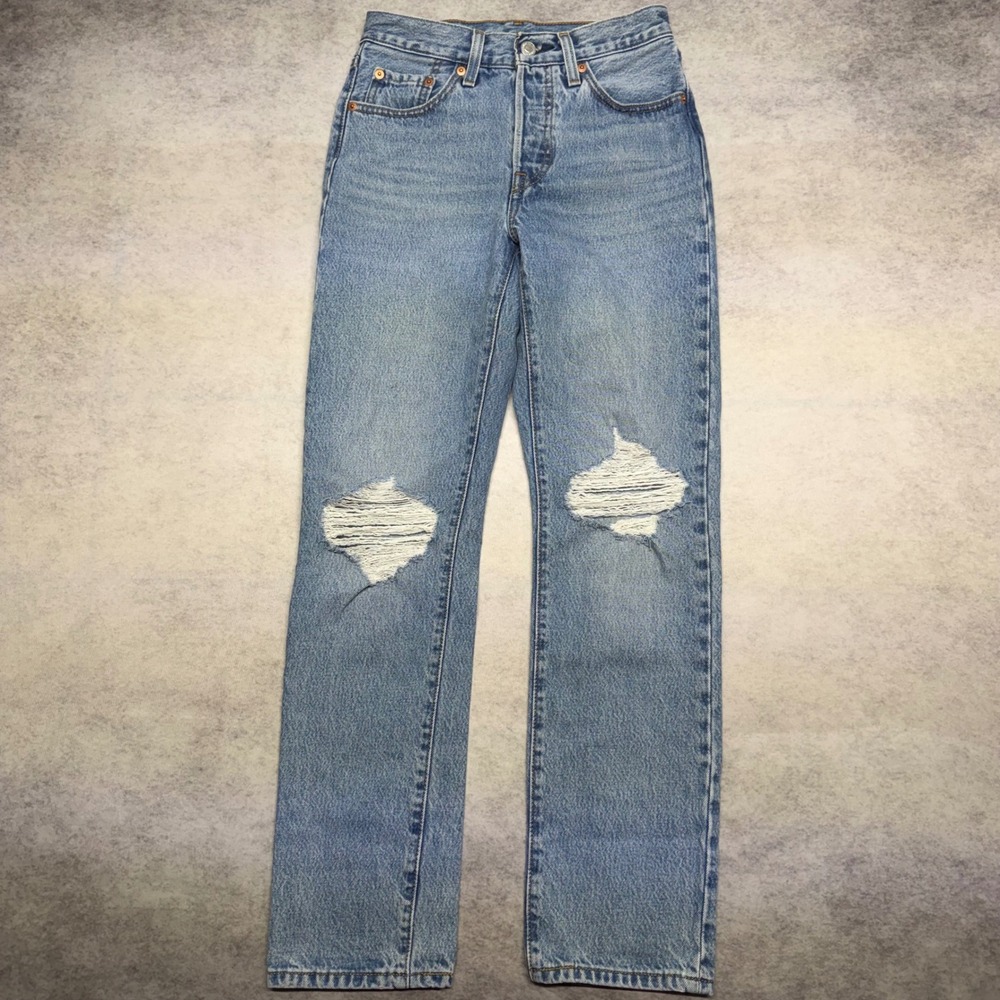 Levis 501 Original Fit Jeans Light Wash Distressed Straight Leg Denim 25x30